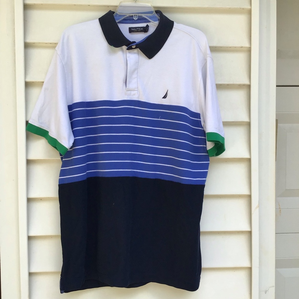 Nautica Shirt Mens XL Polo White Blue Green Striped 30 Years on the Water Preppy